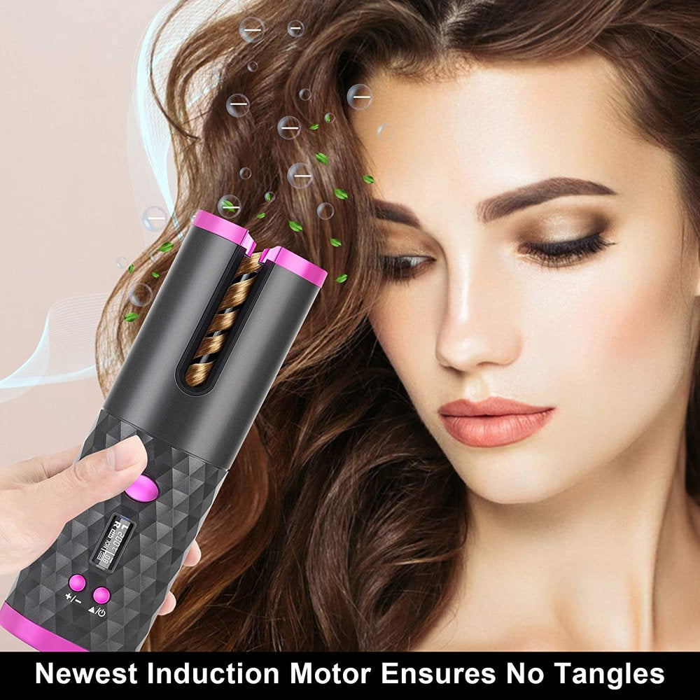 Wireless Auto Hair Curler with LCD Display - Rechargeable, Cordless, and Fast Heating Ceramic Curling Iron