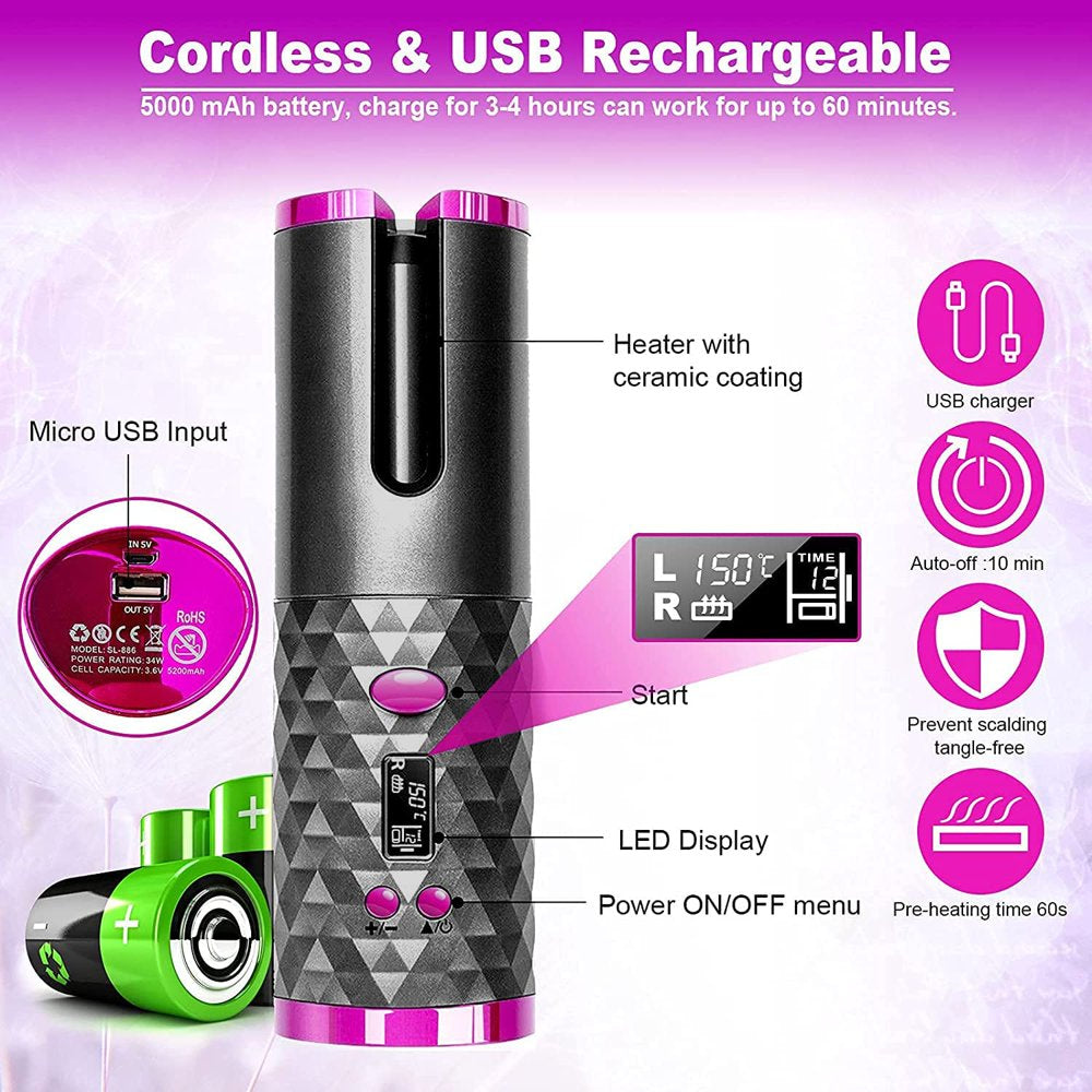 Wireless Auto Hair Curler with LCD Display - Rechargeable, Cordless, and Fast Heating Ceramic Curling Iron