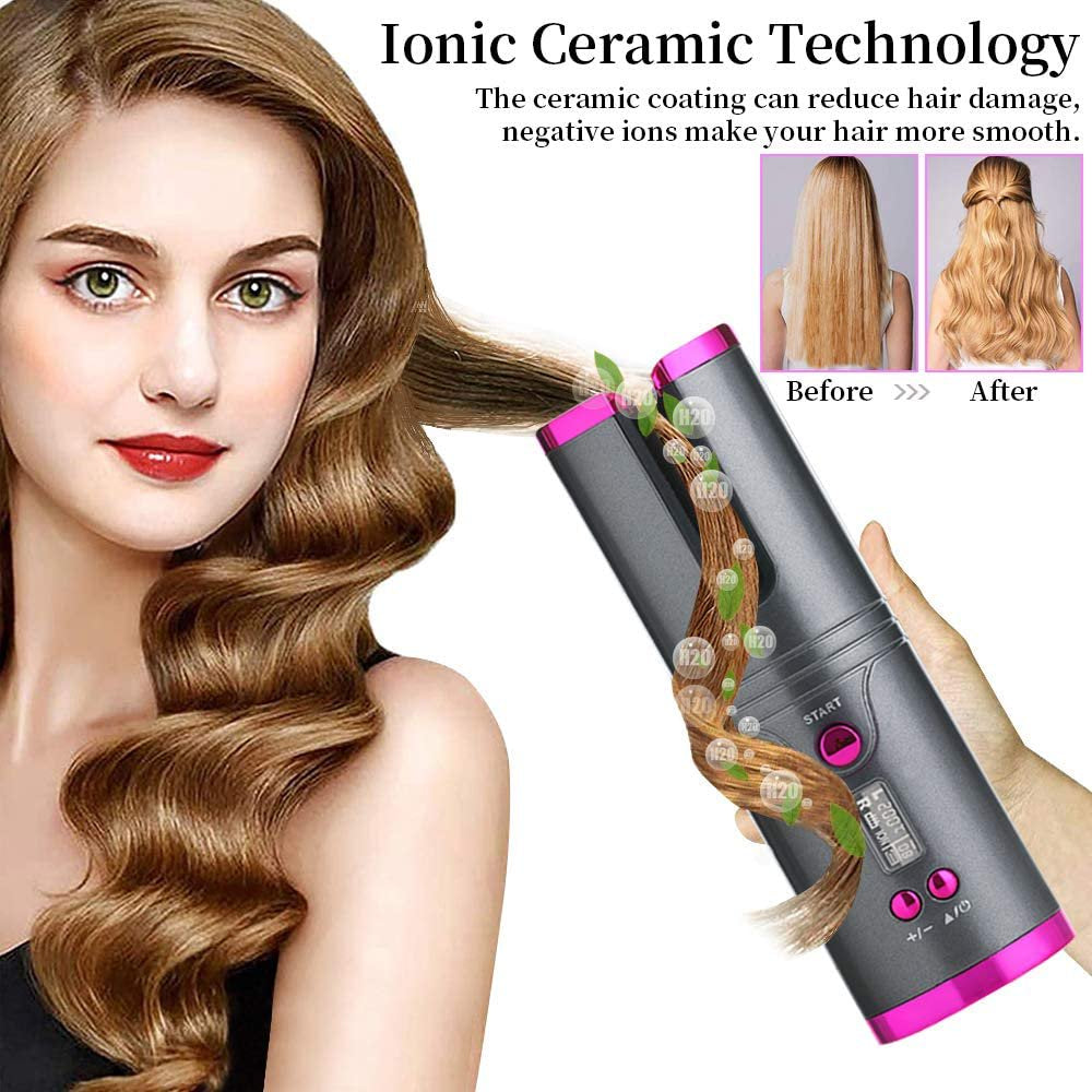 Wireless Auto Hair Curler with LCD Display - Rechargeable, Cordless, and Fast Heating Ceramic Curling Iron