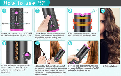 Wireless Auto Hair Curler with LCD Display - Rechargeable, Cordless, and Fast Heating Ceramic Curling Iron